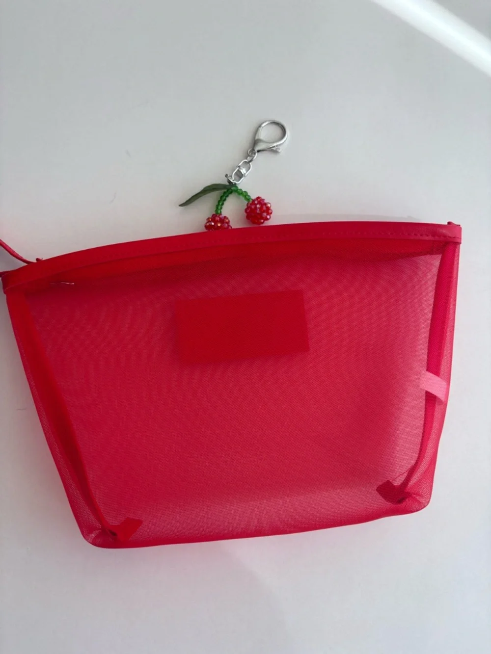 Nordstrom Beauty Bright Red Mesh Cosmetic Pouch with Wrist Strap and Cherry Char